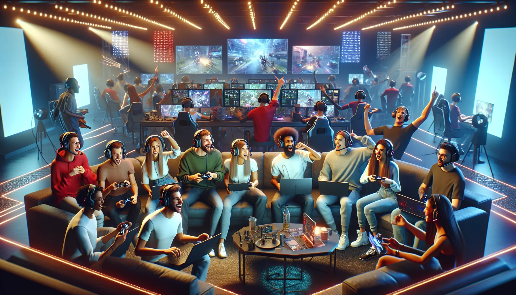 diverse gamers engaging in discussions at an online game event.