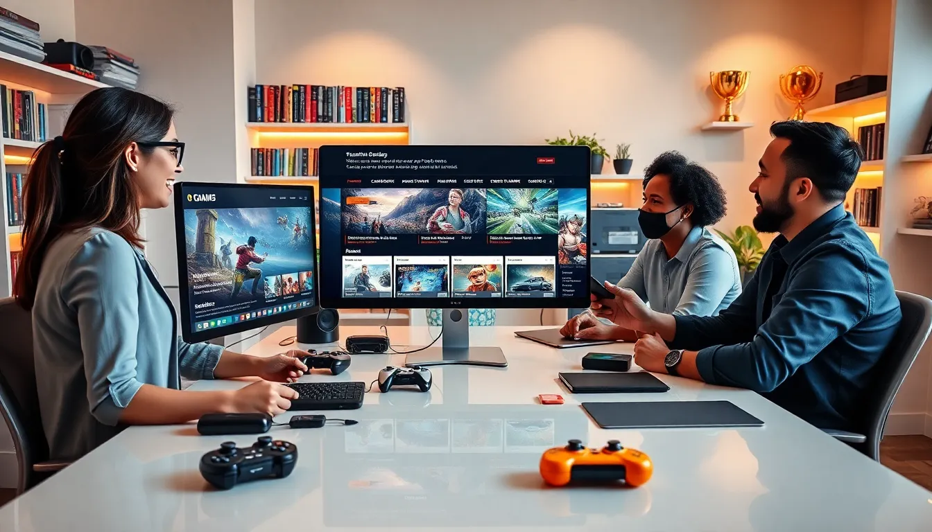 diverse team discussing gaming content in a modern office.