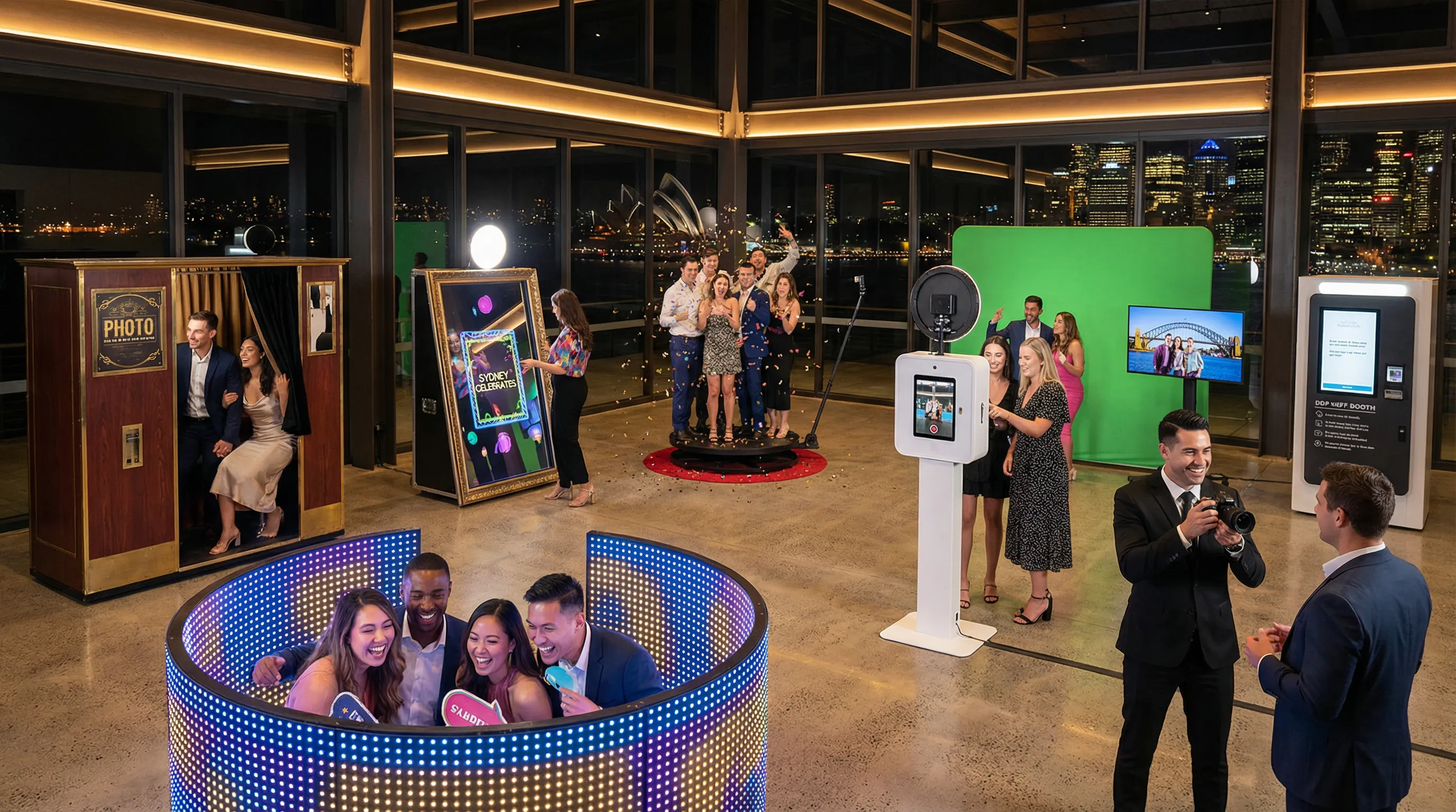 Modern event with varied photo booths and guests celebrating in Sydney.