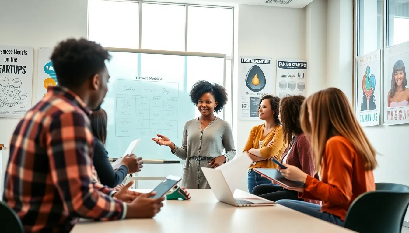 diverse students engaged in entrepreneurial discussions in a modern classroom.
