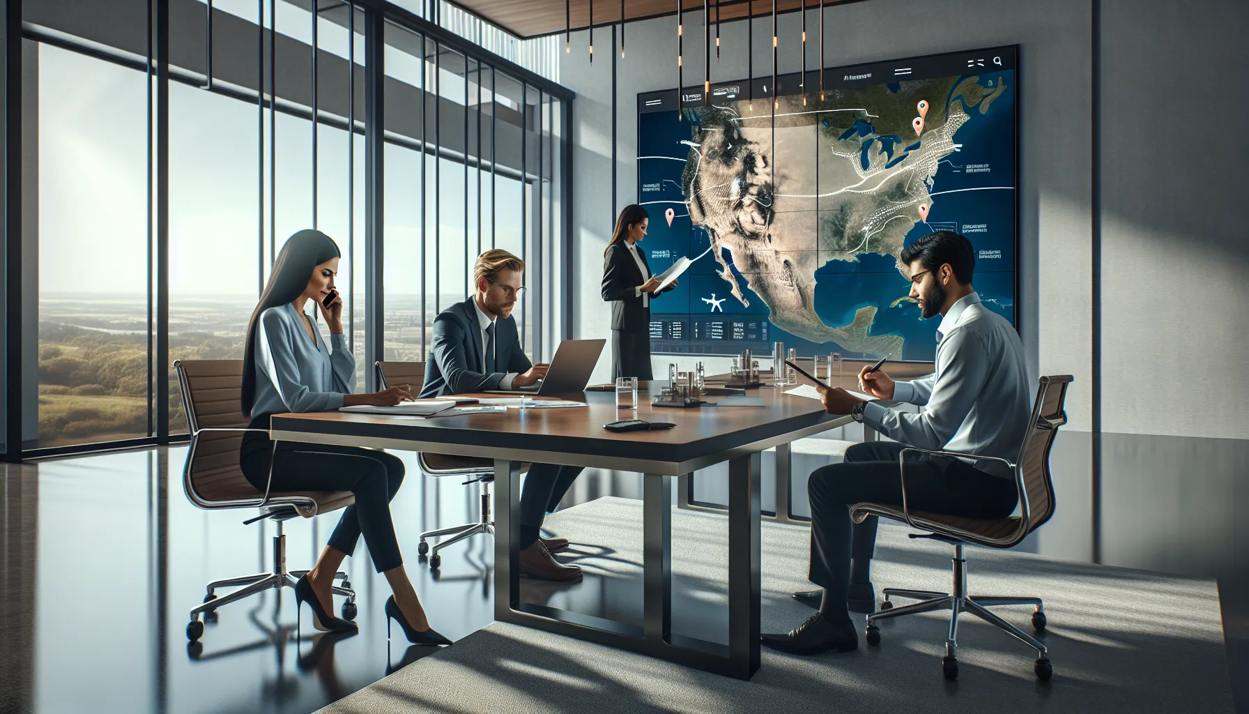 professionals collaborating on travel logistics in a modern office.
