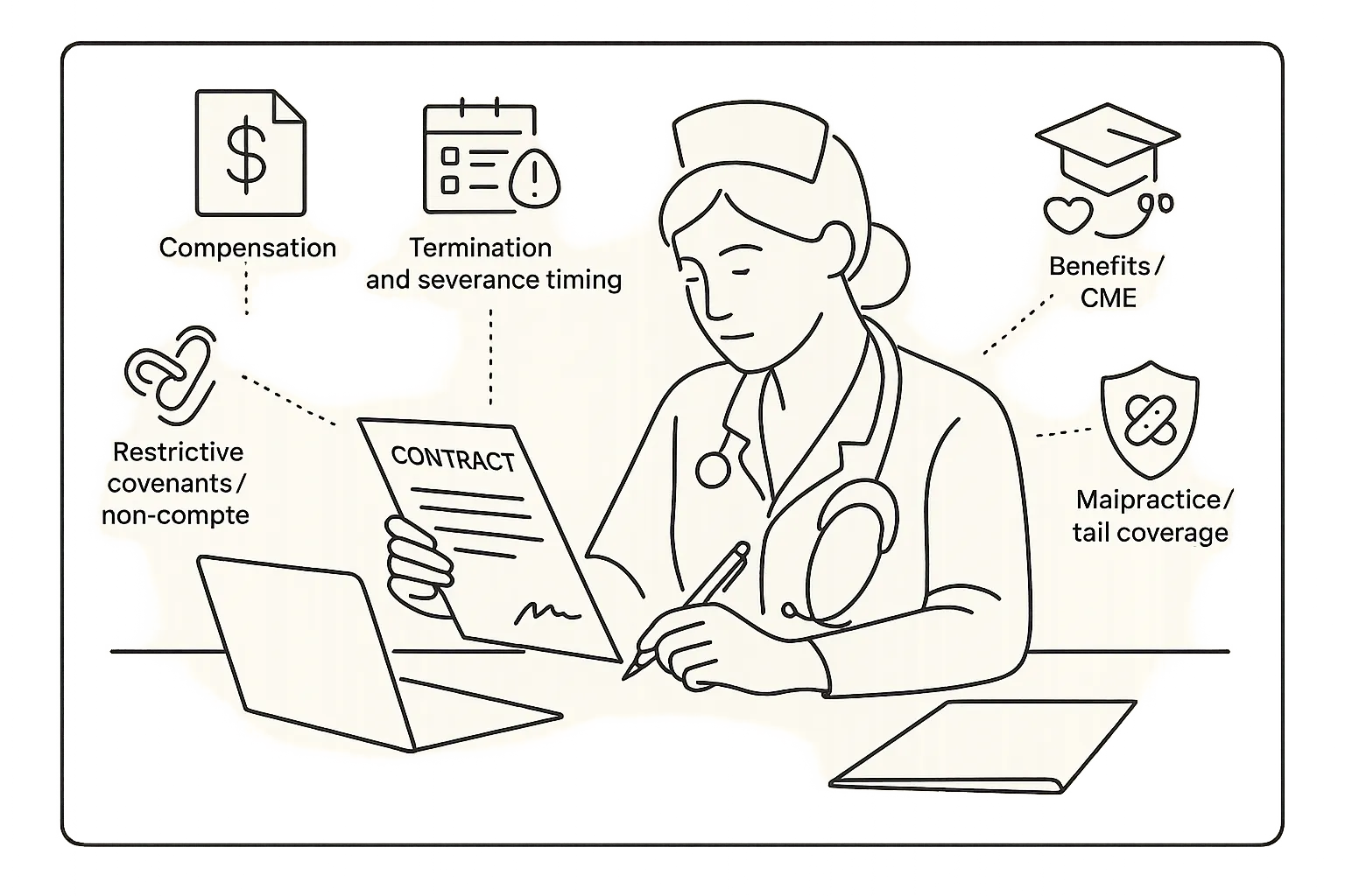 Nurse practitioner reviewing a contract with icons for key contract clauses.