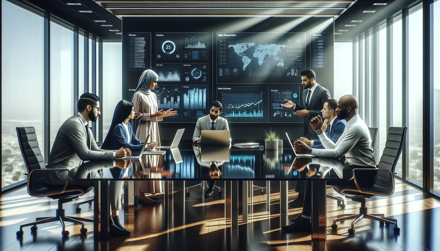 diverse team discussing analytics in a modern office.