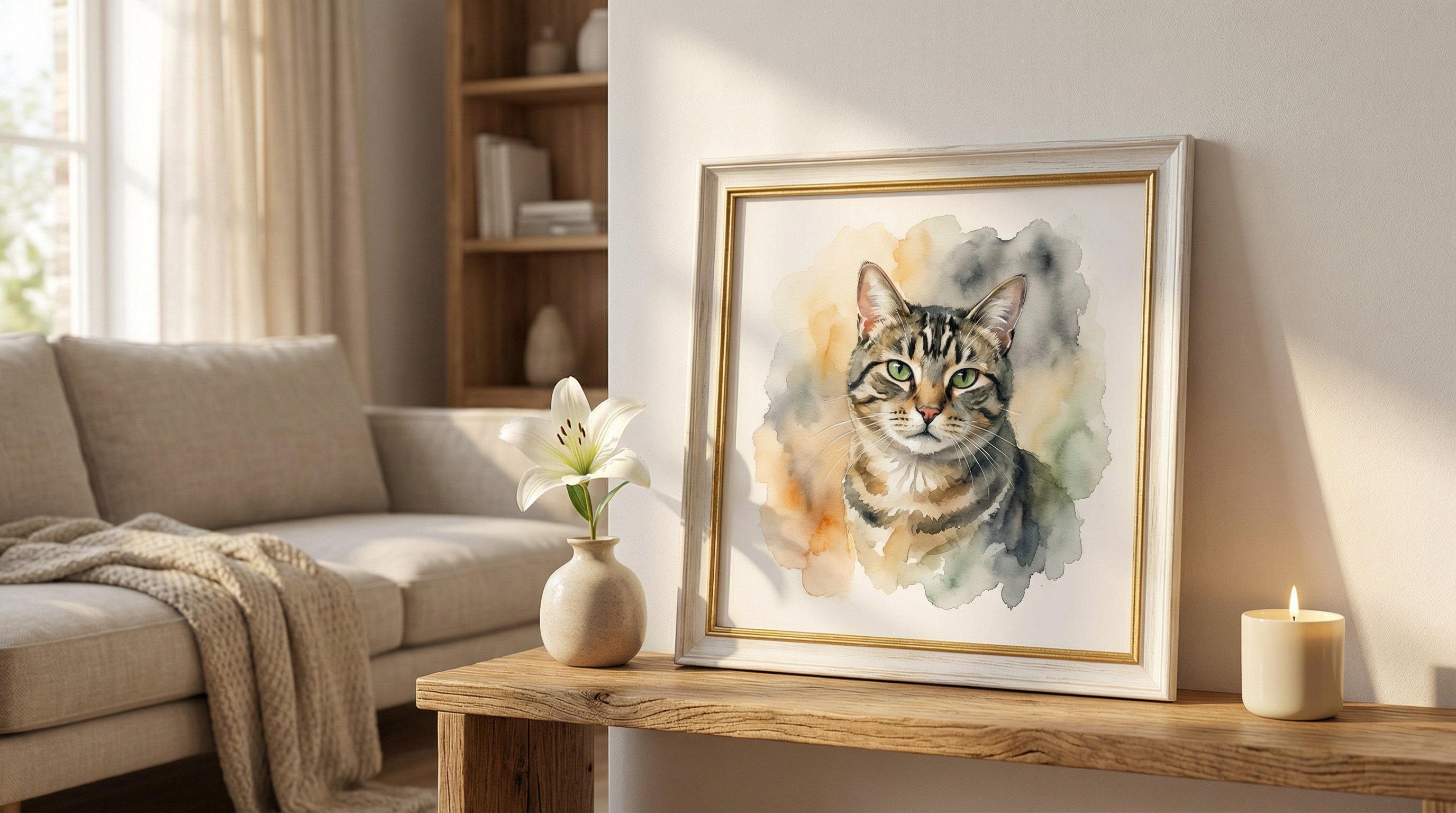 Framed watercolor cat portrait on a wooden shelf in a sunlit living room.