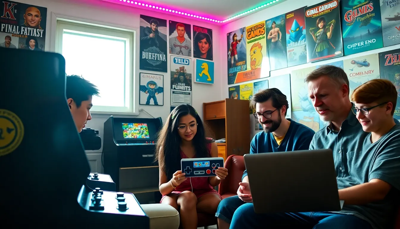 a diverse group of gamers celebrating the evolution of gaming history.