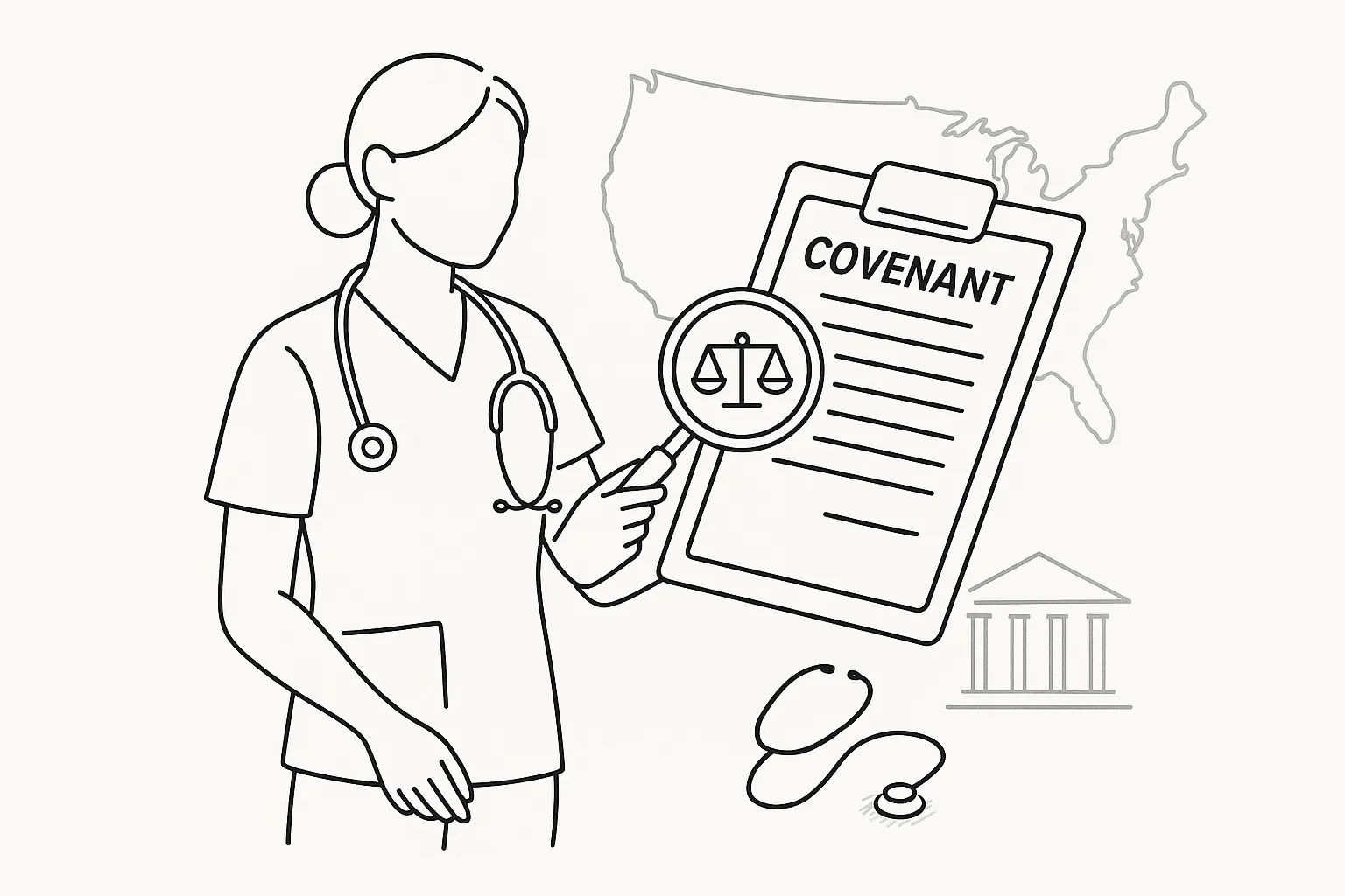 Nurse practitioner examining a non-compete contract with magnifying glass and justice scales.