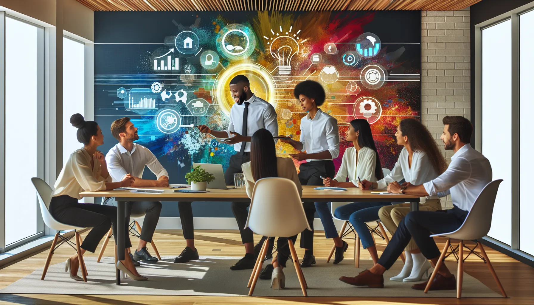 diverse team collaborating on future projects in a modern office.