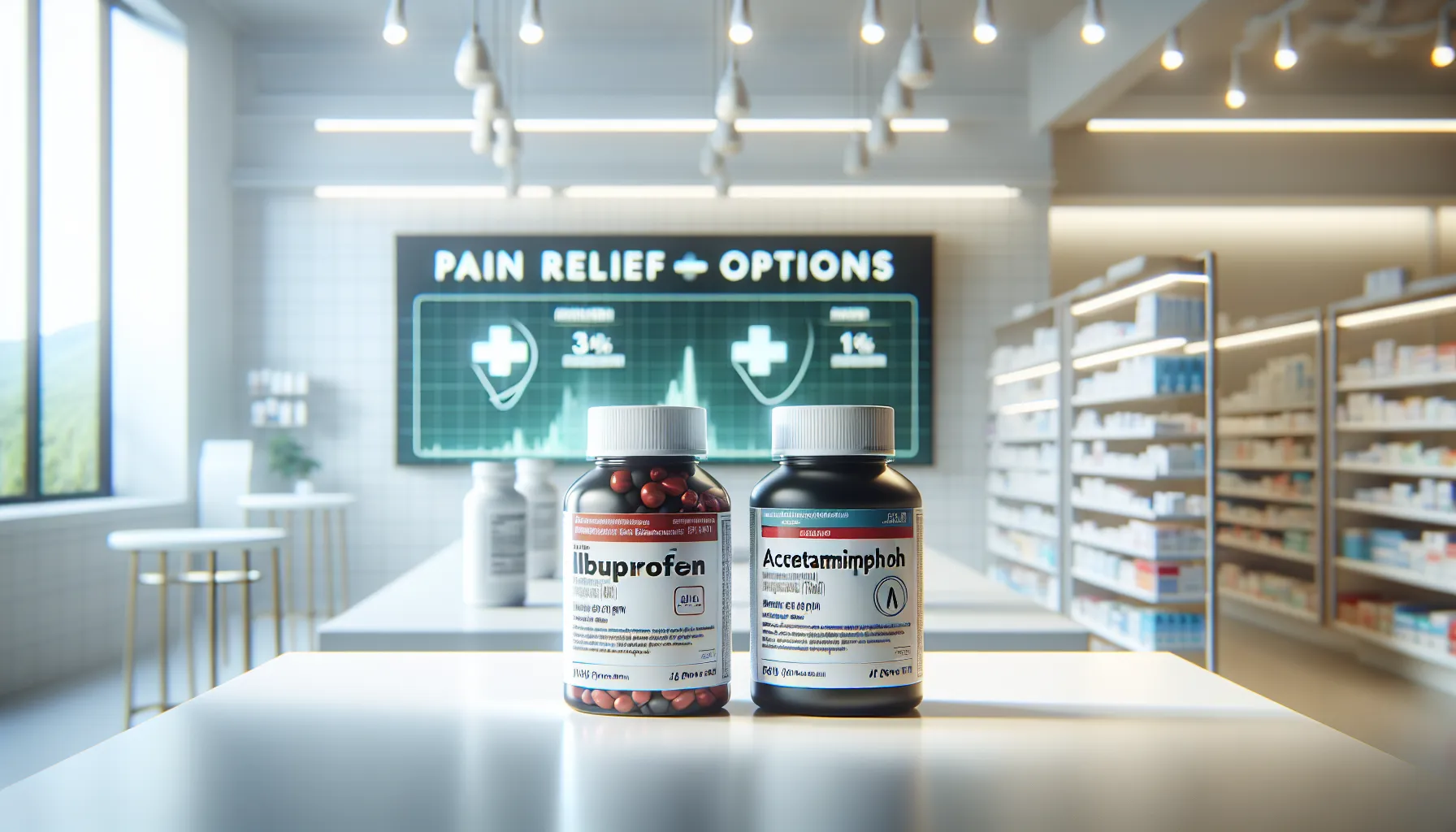 A side-by-side image of Ibuprofen and Acetaminophen bottles on a pharmacy counter.