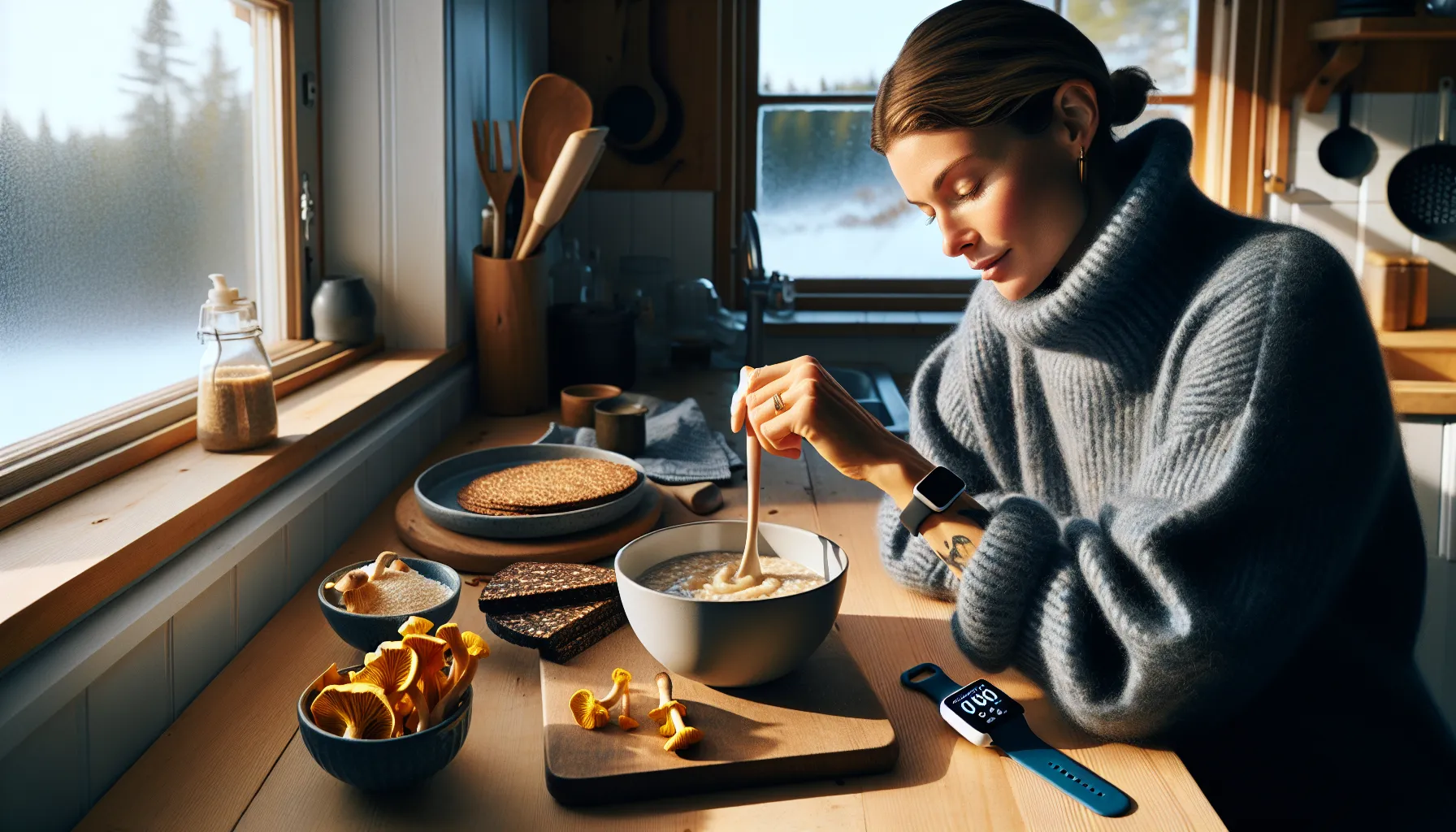 Norwegian woman stirring thick oatmeal beside mushrooms and simple health trackers.