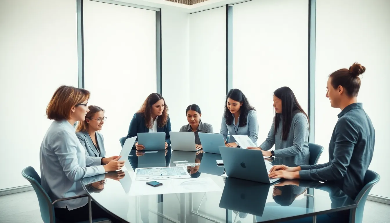 diverse professionals discussing concepts in a modern corporate office.
