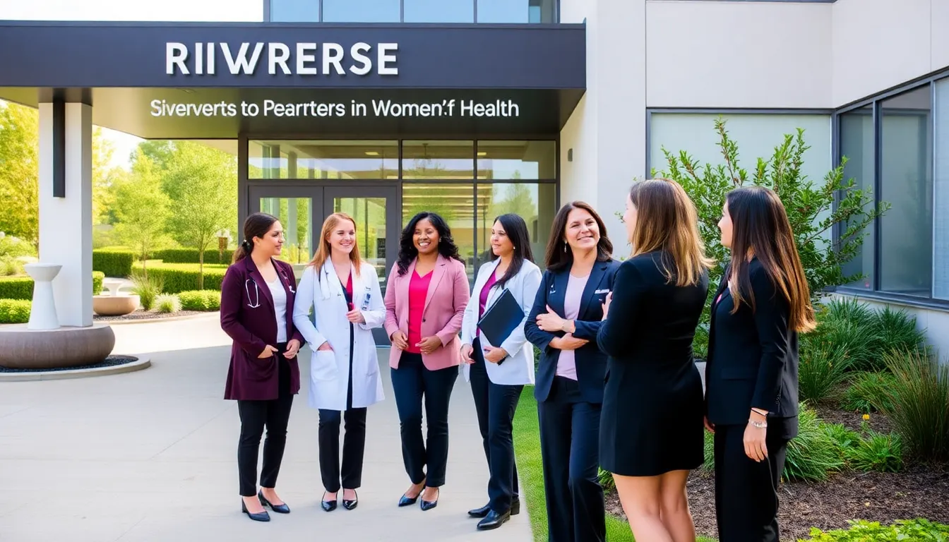 diverse healthcare team outside Riverside Partners in Women’s Health facility.