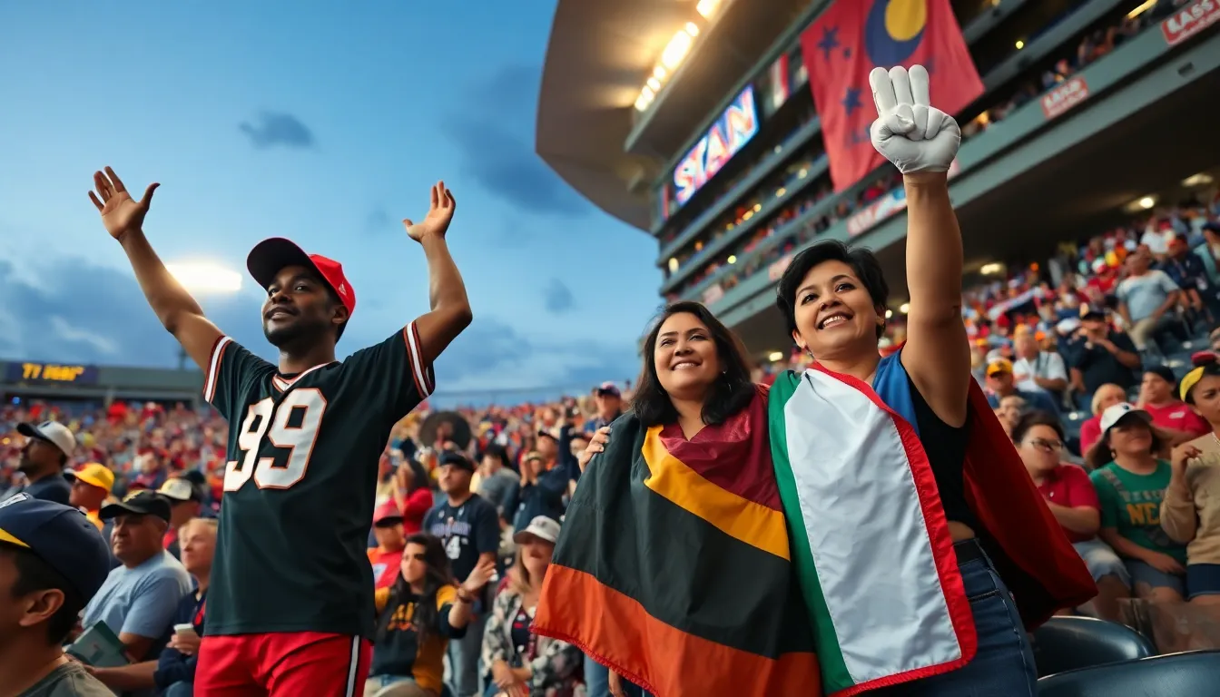 A diverse crowd celebrating in a vibrant sports stadium at twilight.