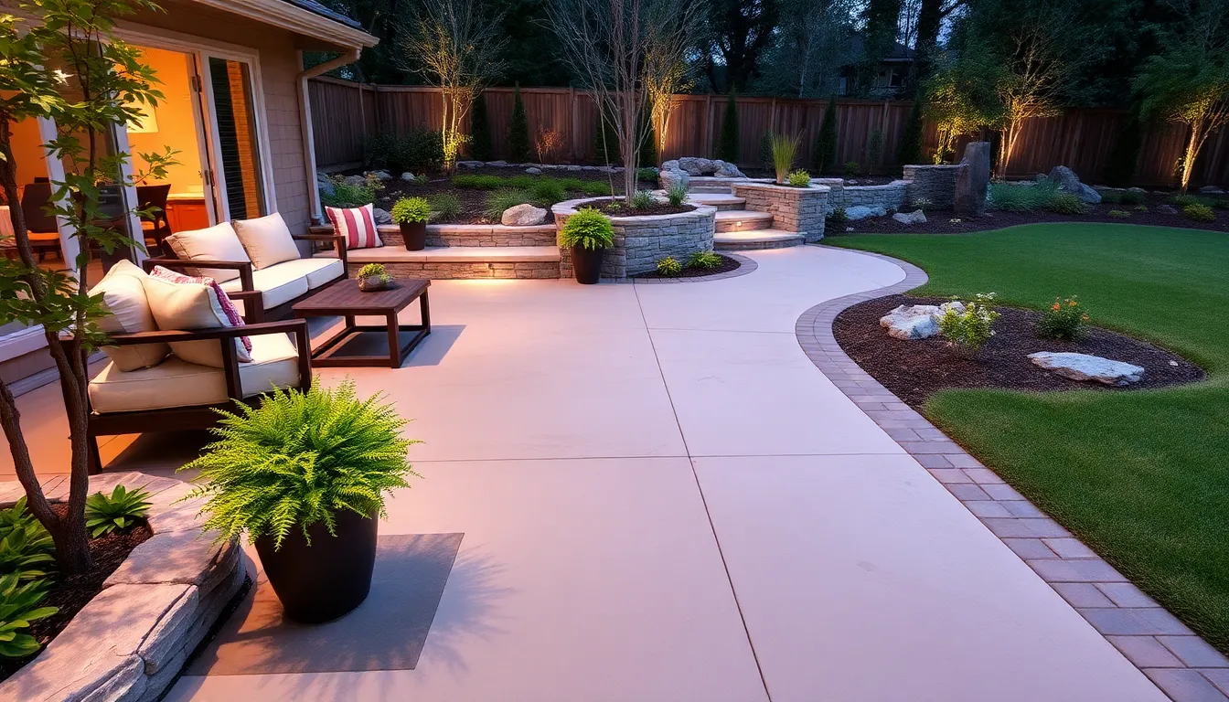 modern patio with stylish seating and vibrant plants.