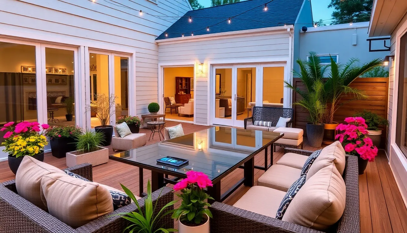 modern back patio with stylish furniture and vibrant flowers.