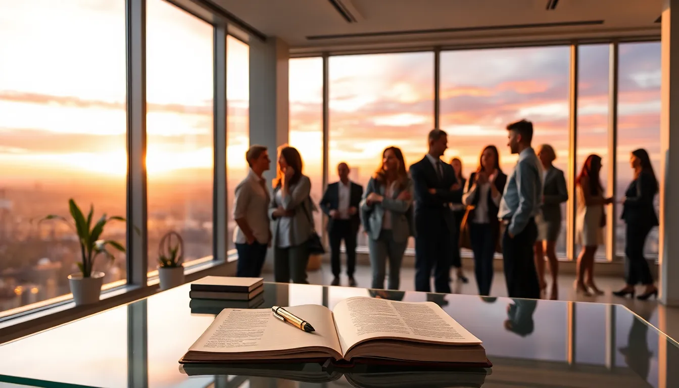diverse professionals reflecting in a modern workspace with a celestial sunset view.