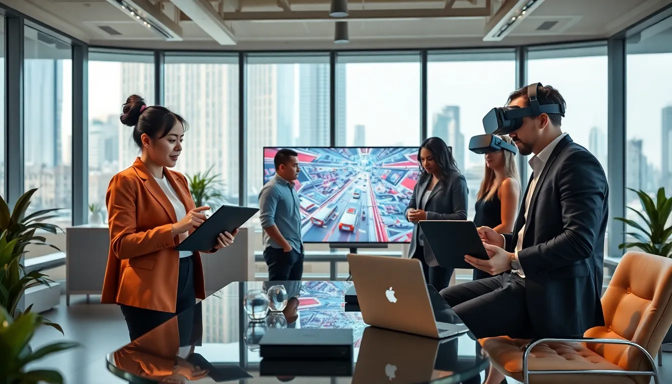 diverse team collaborating on game design in a modern office.