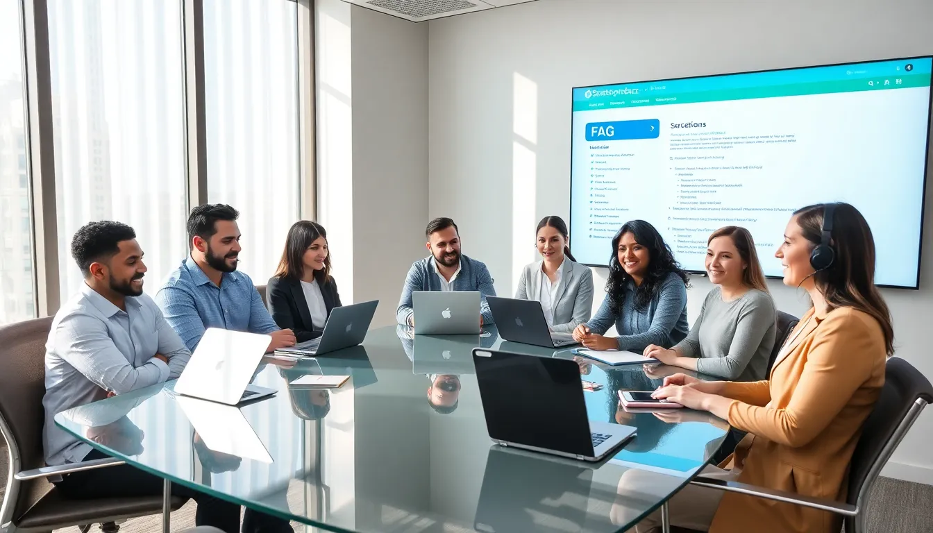 diverse customer support team collaborating in a modern office setting.