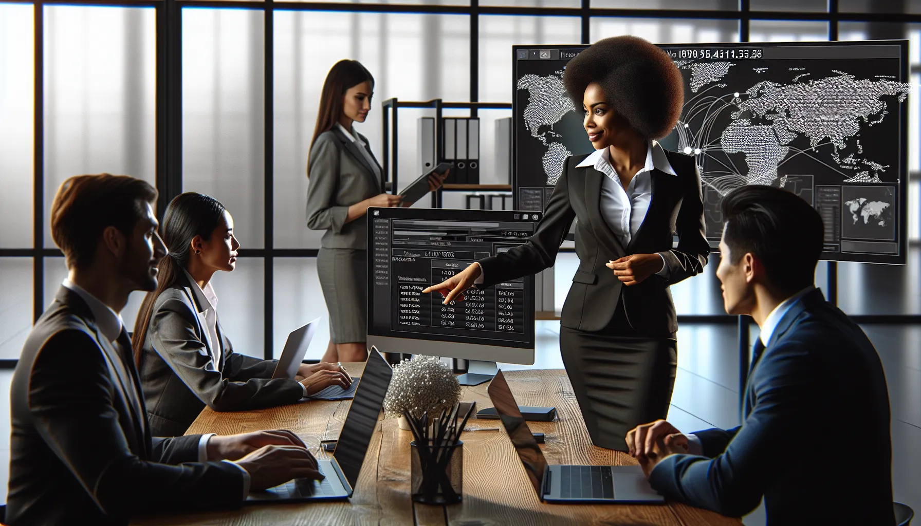 diverse IT team analyzing digital data in a modern office.