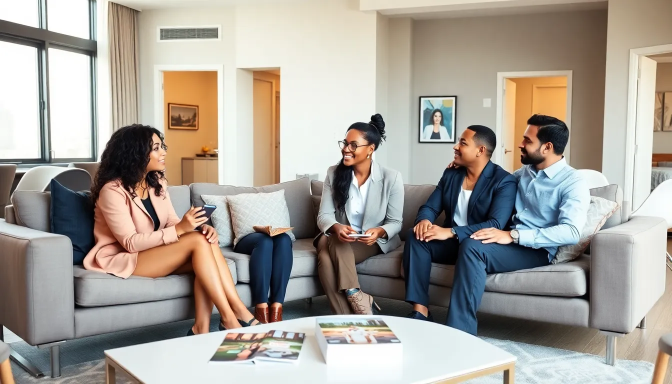 diverse group discussing apartment rentals in a modern living room.