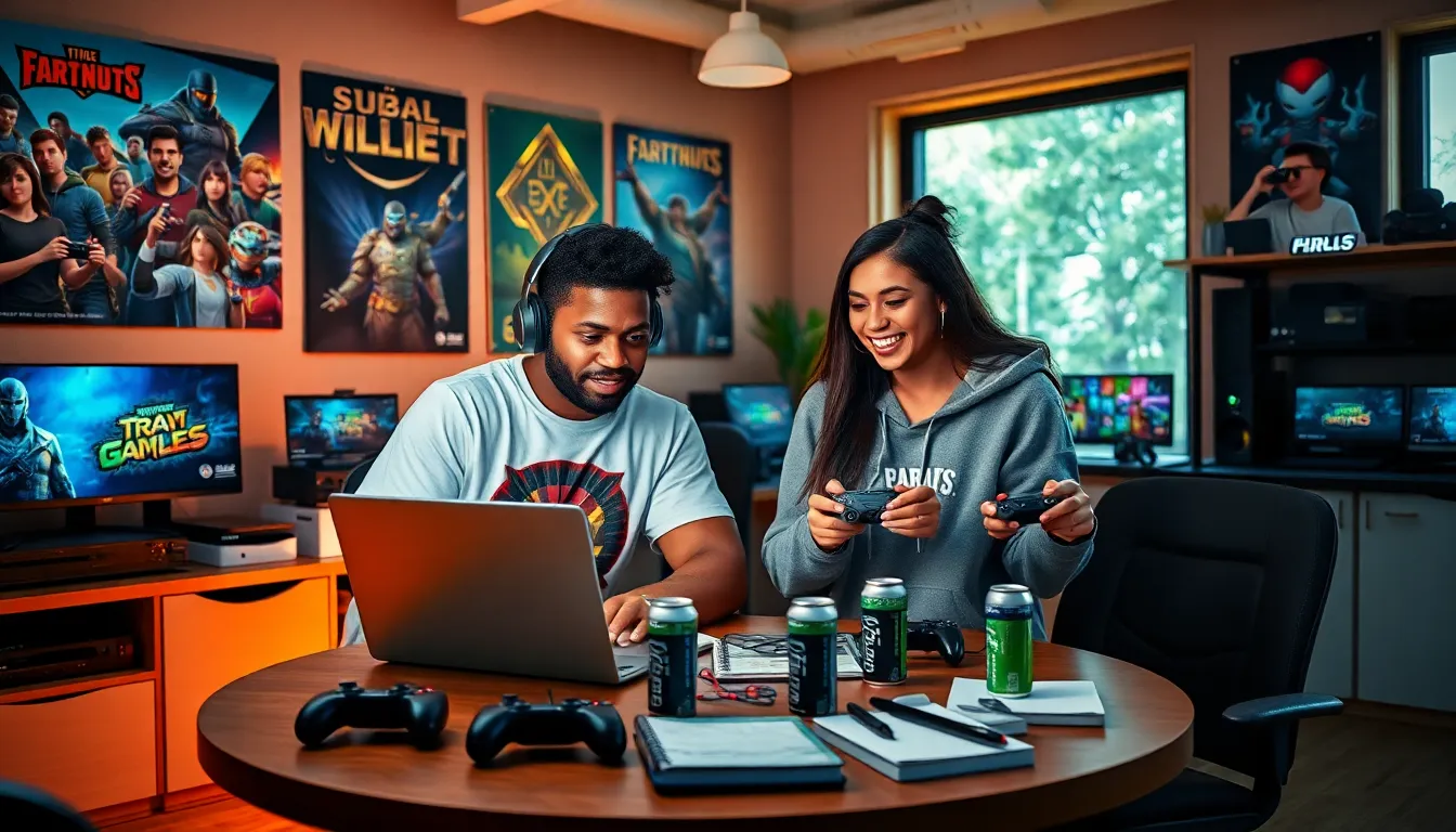 a group of diverse gamers collaborating in a modern workspace.