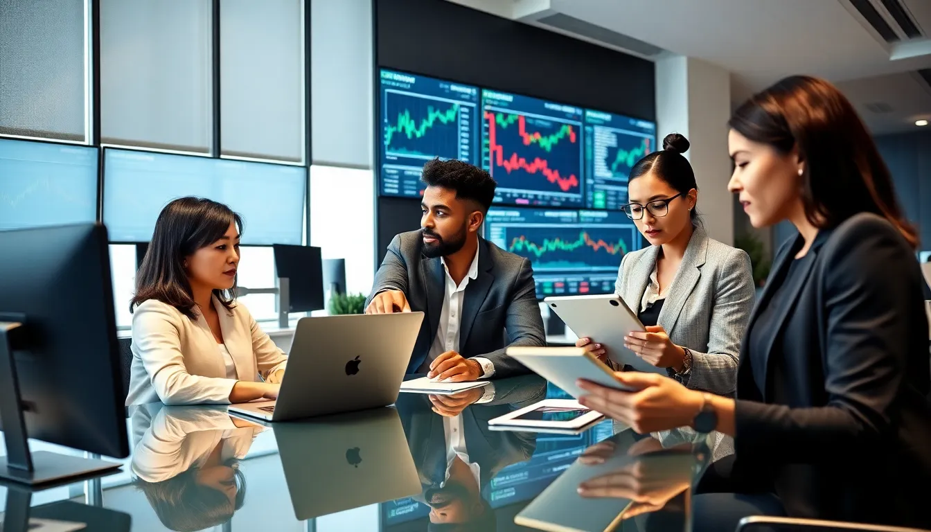 professionals discussing cryptocurrency in a modern office setting.