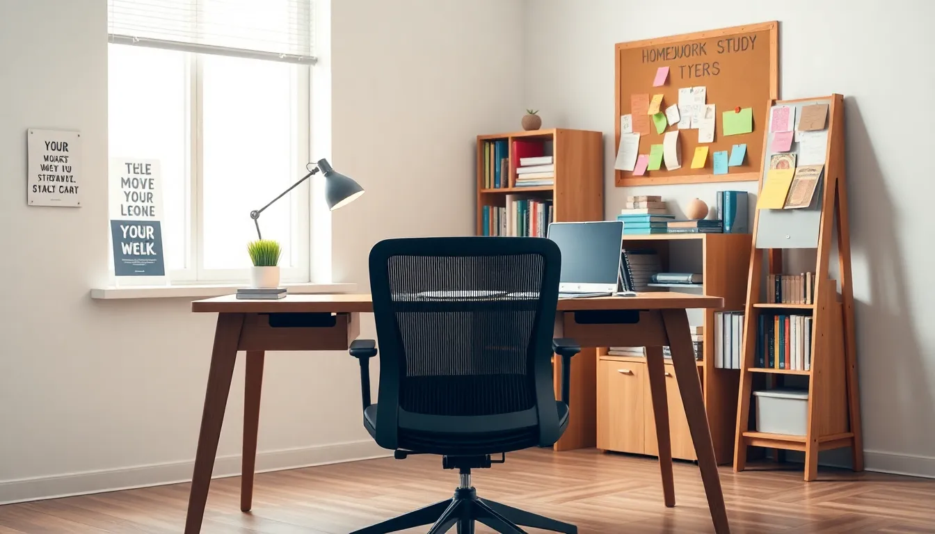 a modern study space for students with a desk and motivational decor.