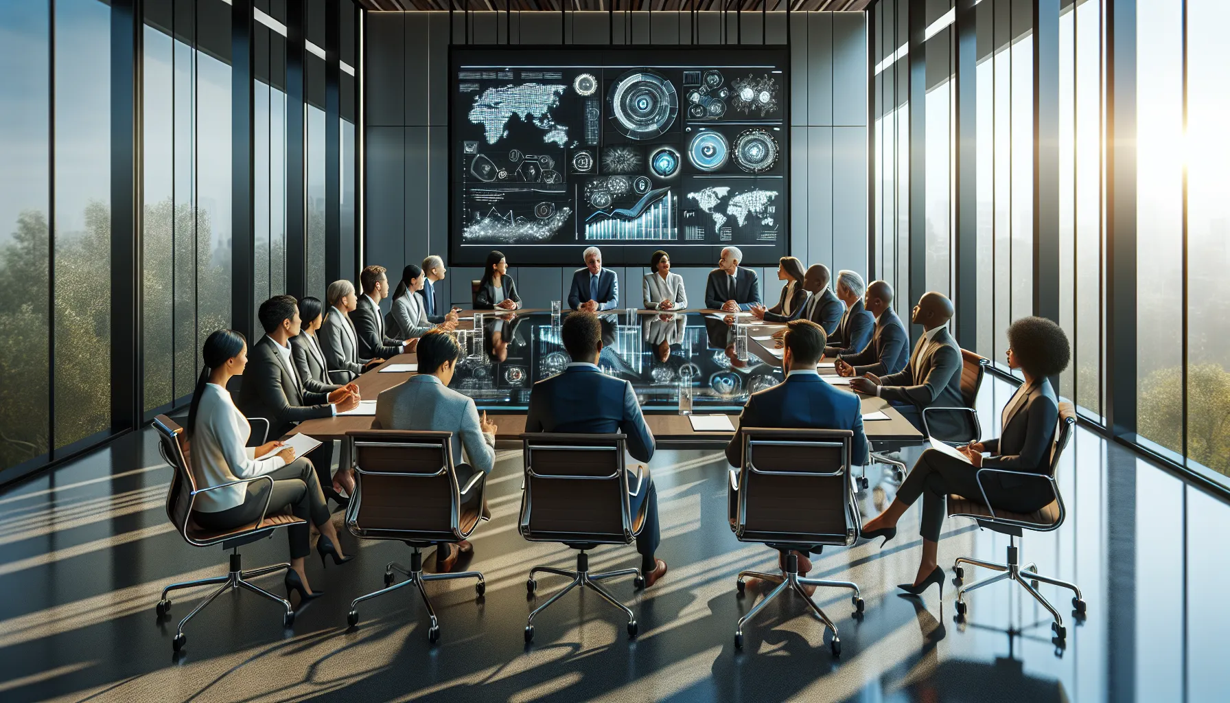 diverse professionals discussing İııııııııuııq in a modern conference room.