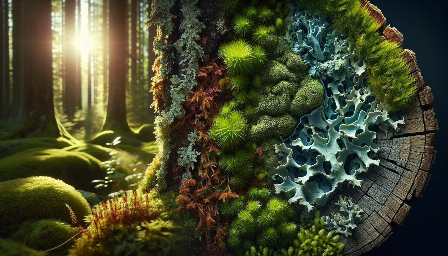 Close-up comparison of moss and lichen in a natural forest setting.