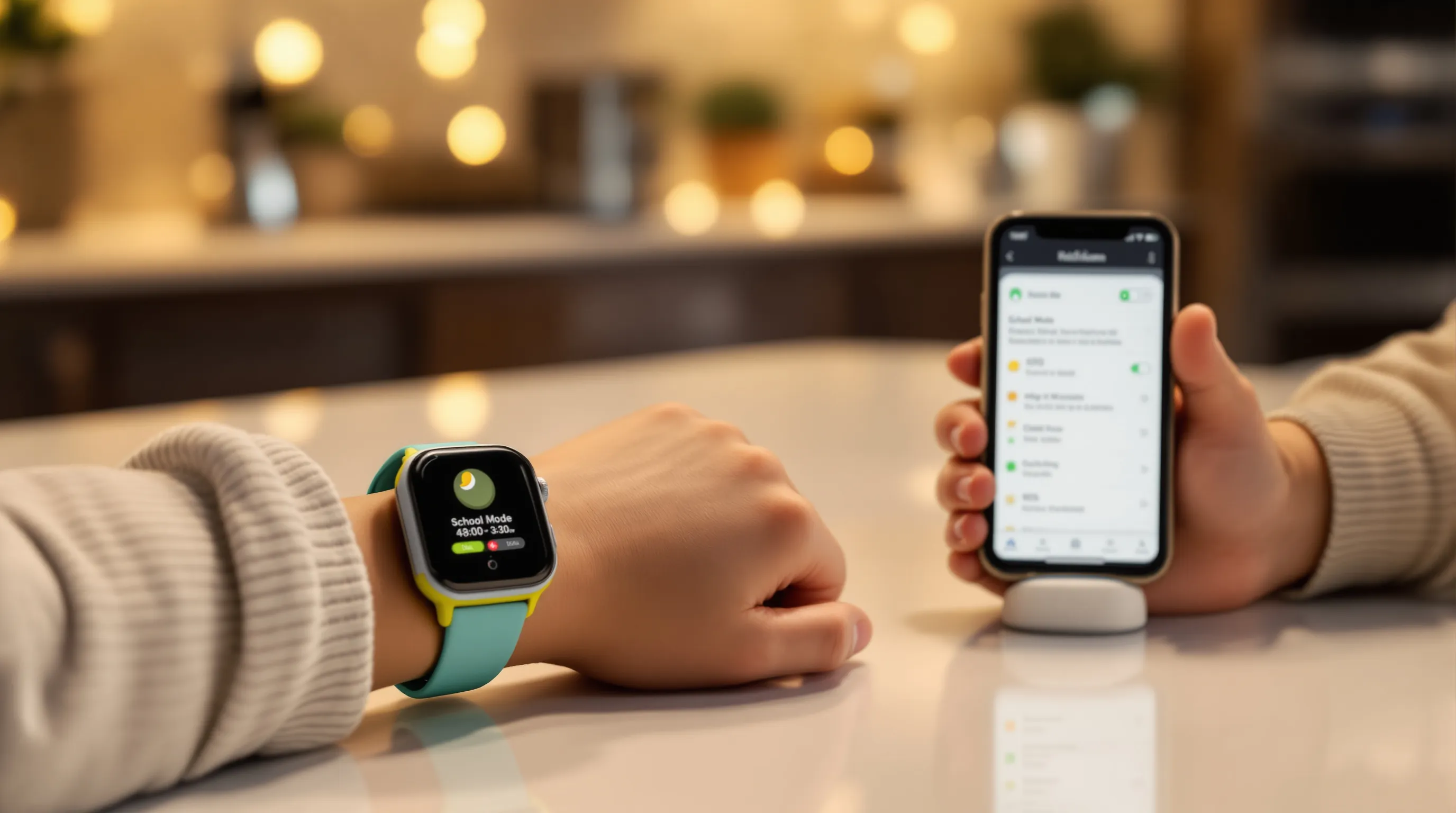 Parent sets whitelist and school mode on a child’s smartwatch at home.