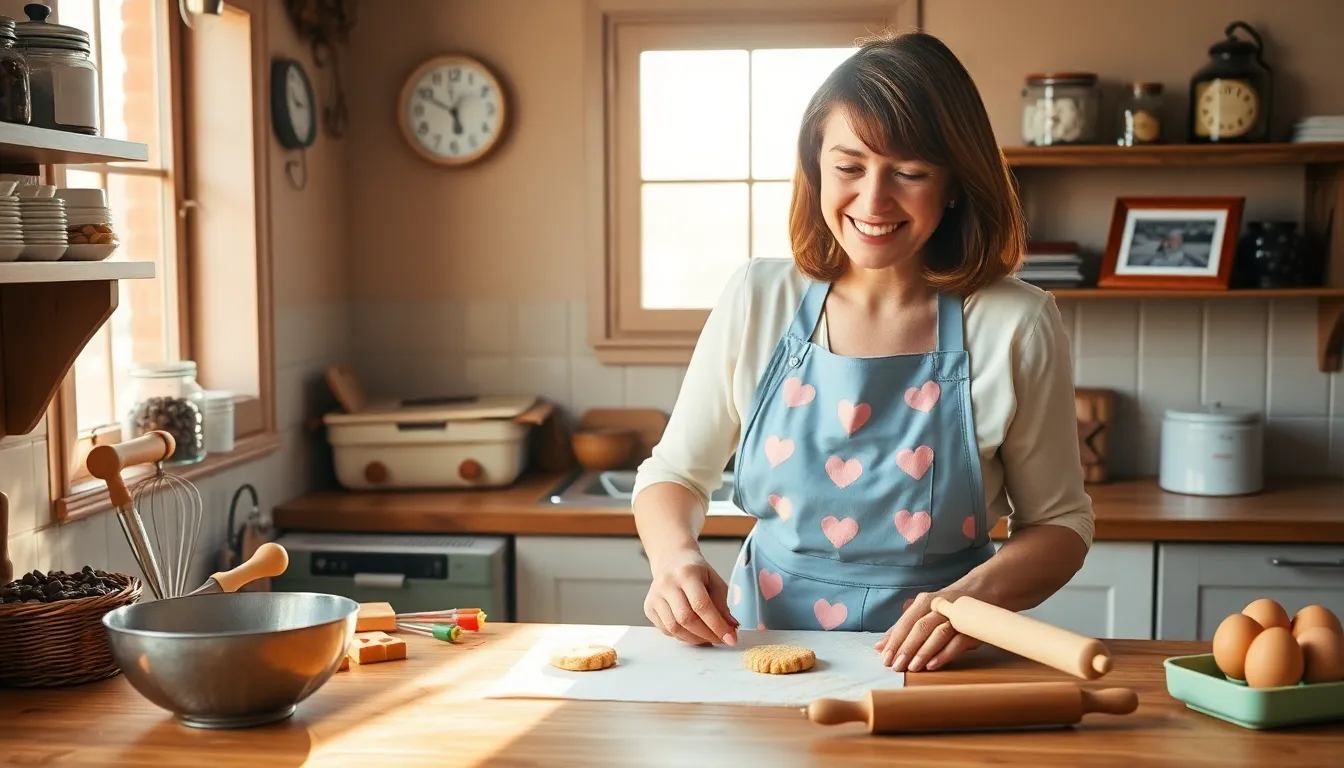 a woman baking cookies in a cozy, sunlit kitchen.
