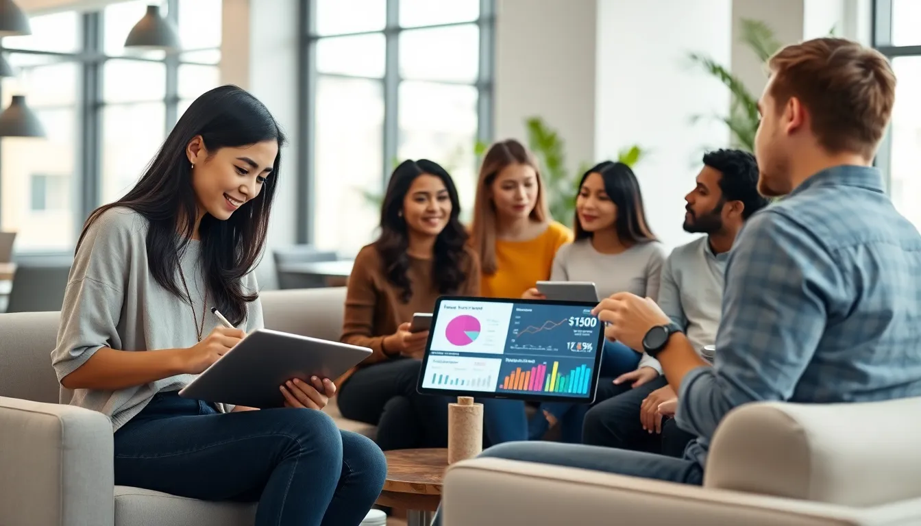 millennials discussing financial literacy in a modern workspace.