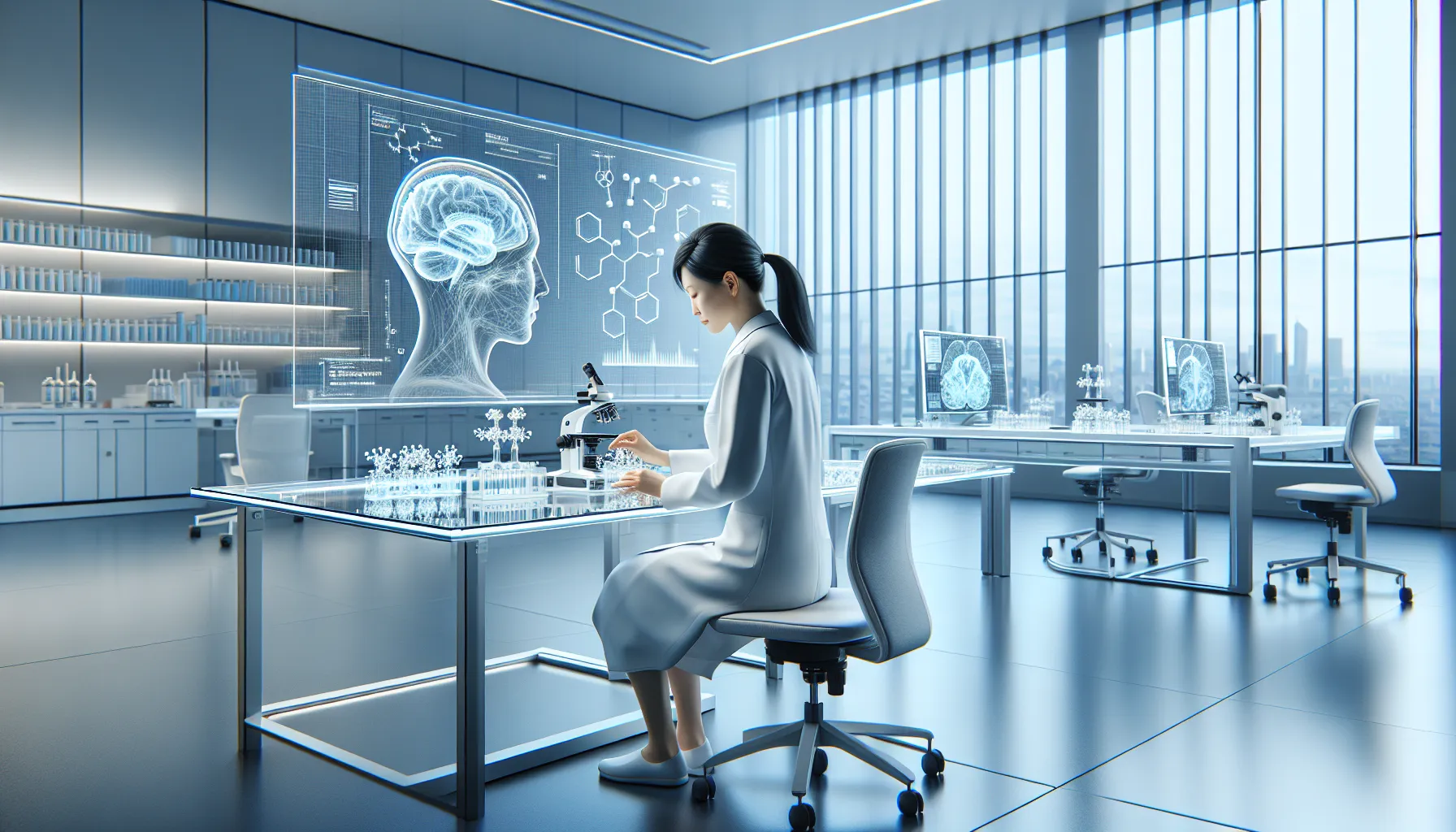 Professional researcher examining molecular models in modern pharmaceutical laboratory setting.