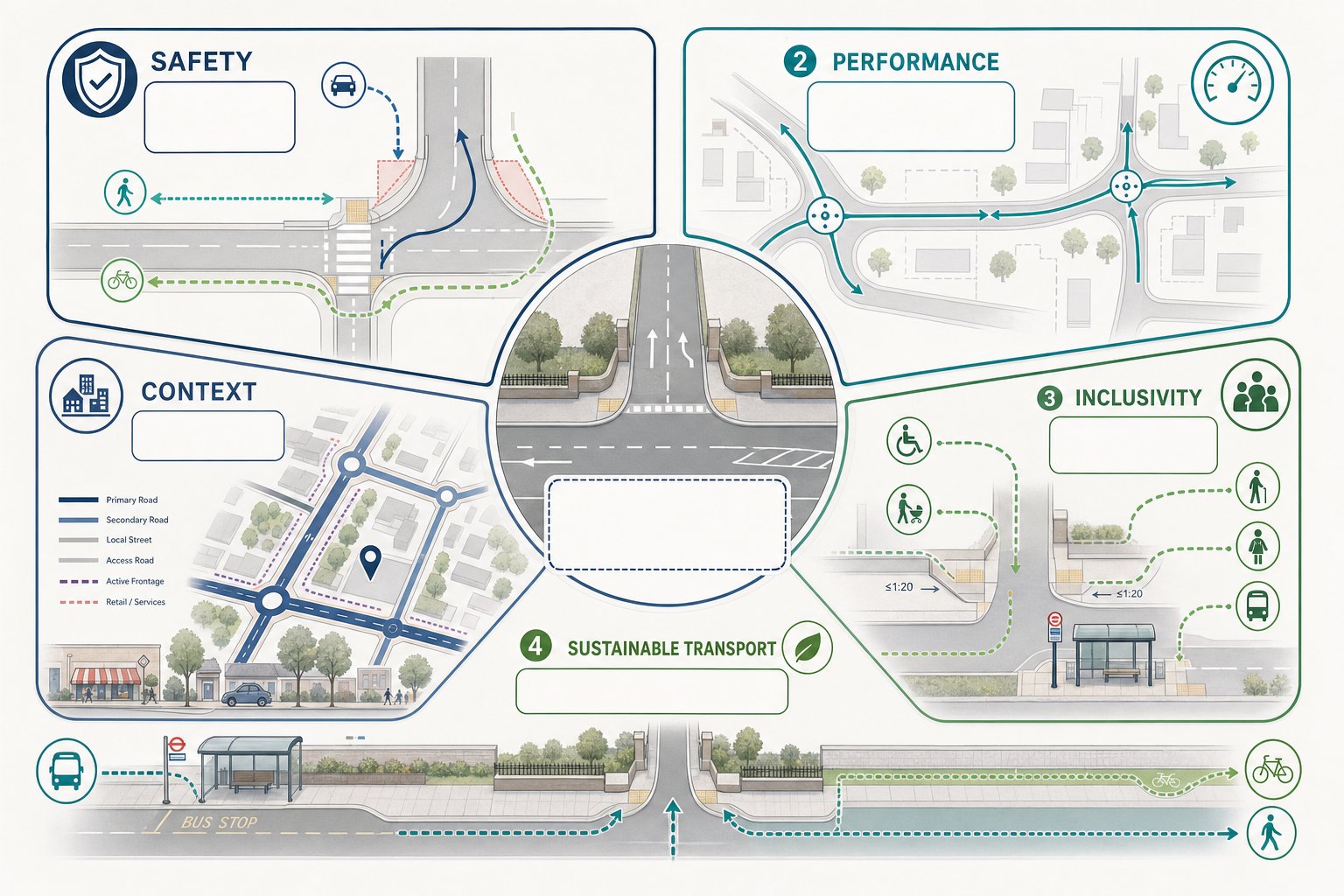 Infographic showing five principles of site access strategy in UK transport planning.
