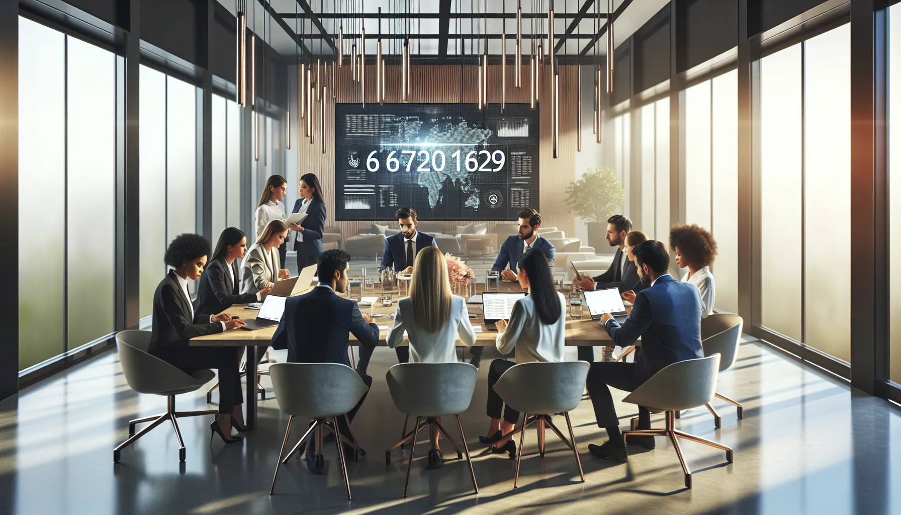 diverse professionals analyzing a digital dashboard in a modern office.