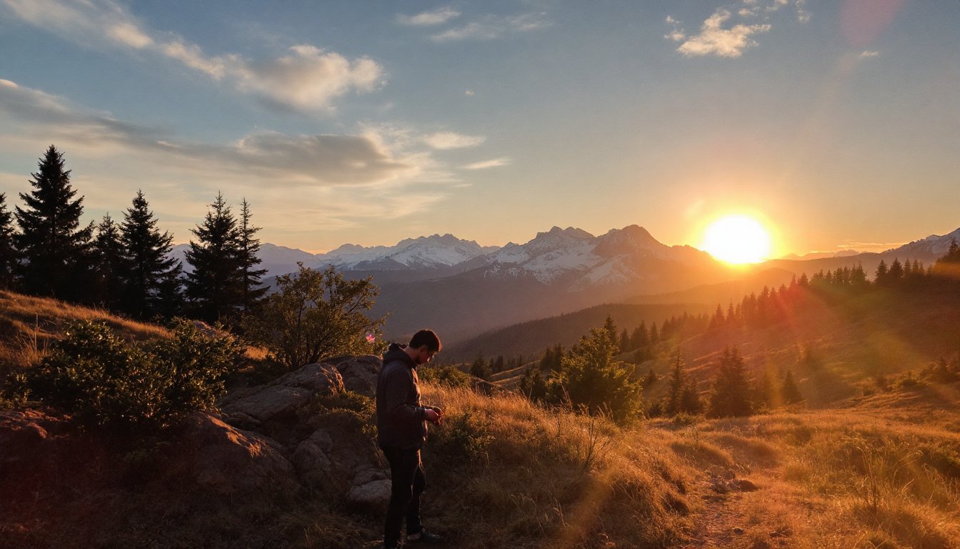 Woman sitting peacefully in bed during a calm, sunlit morning.