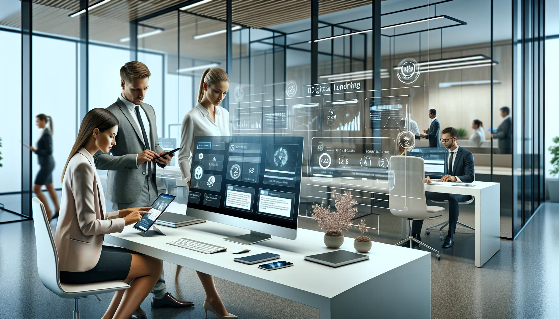 Croatian professionals using digital lending applications in modern office setting.