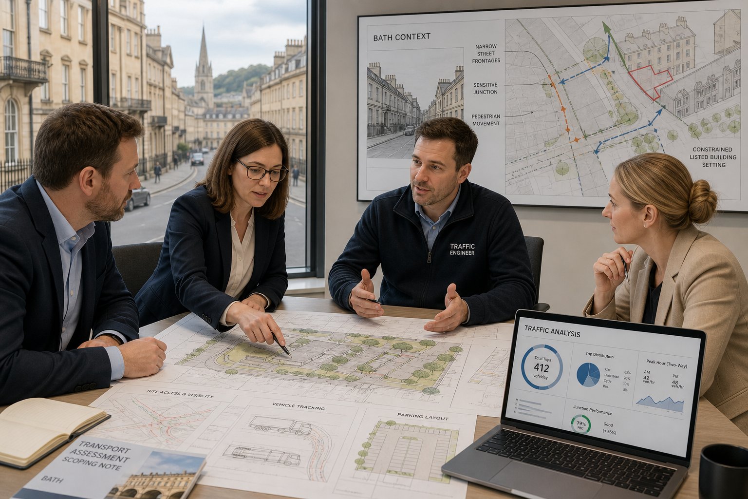 Traffic engineer reviewing Bath development access and parking plans with a client team.