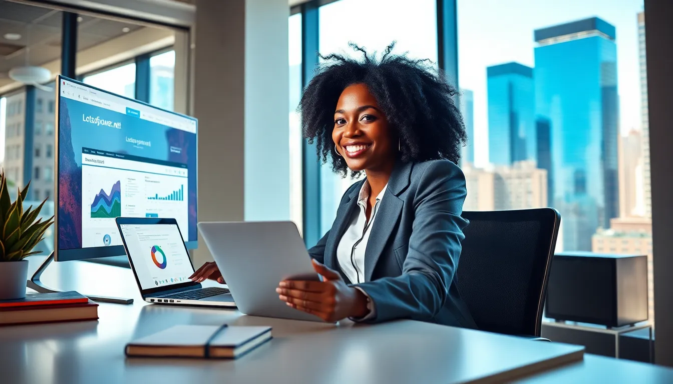 A young entrepreneur engaging with digital tools in a modern office.