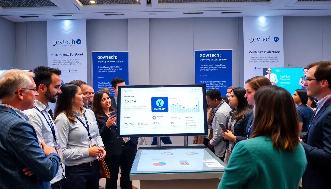 diverse professionals engaged in discussion at a Govtech conference.