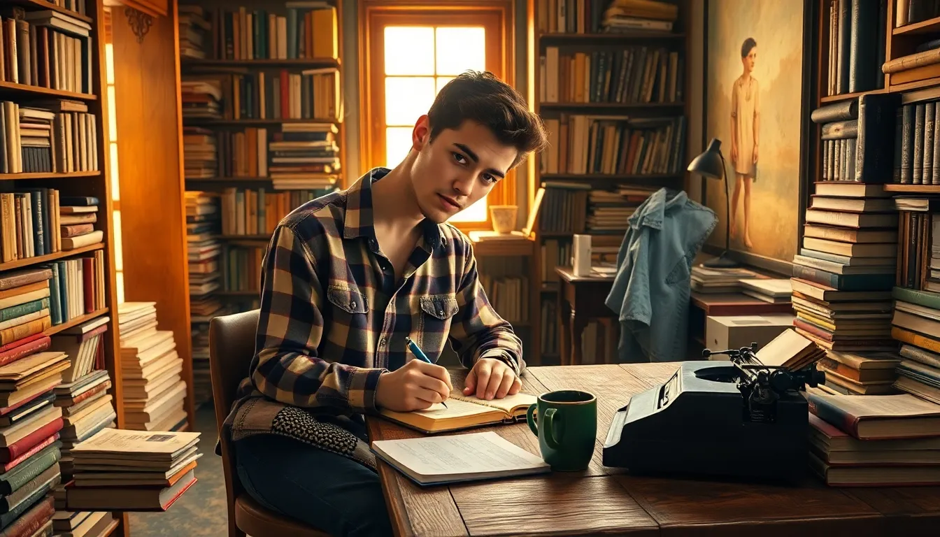 a young writer working at a desk filled with books and manuscripts.