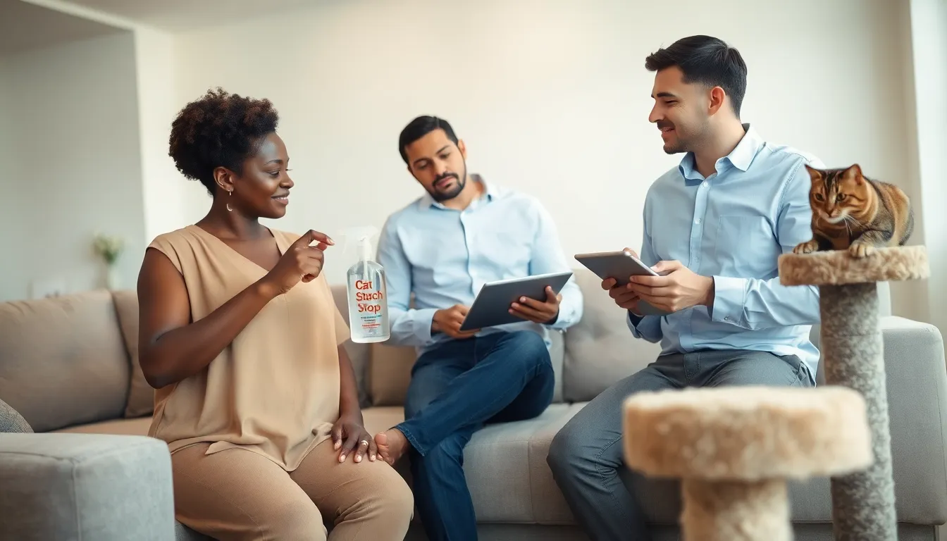 two professionals discussing cat scratching solutions in a stylish living room.