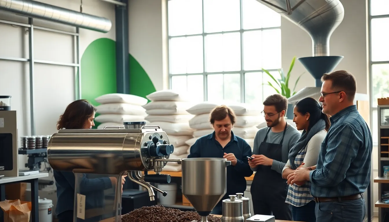 diverse team collaborating in a modern coffee roasting facility.