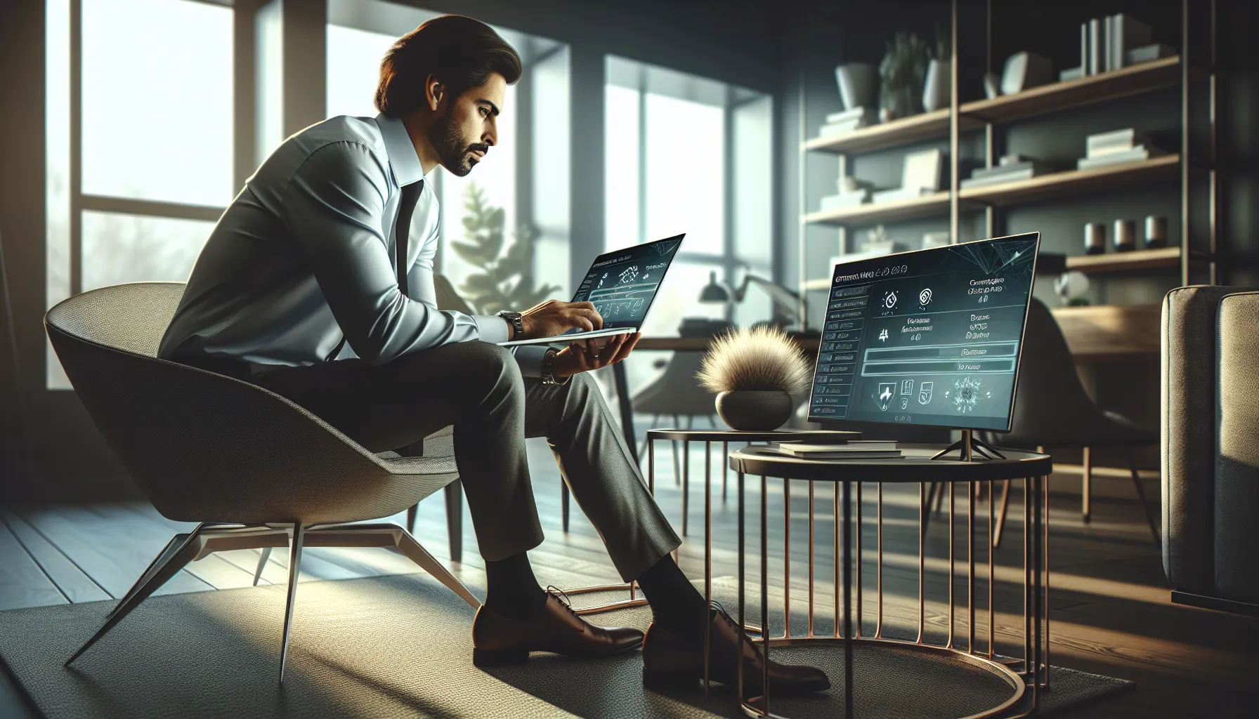 IT professional configuring devices in a modern home office.