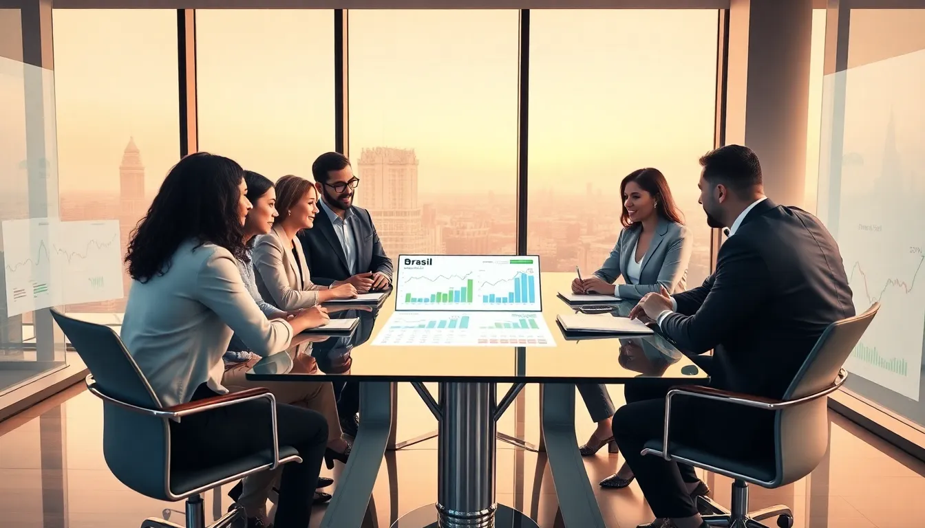 diverse investors collaborating on Brasil's economic opportunities in a modern office.