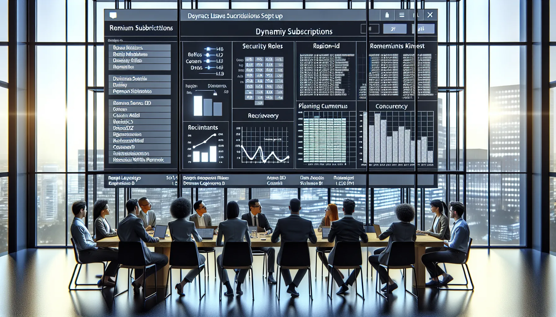 Analytics team configuring Power BI dynamic subscriptions and security in a modern office.