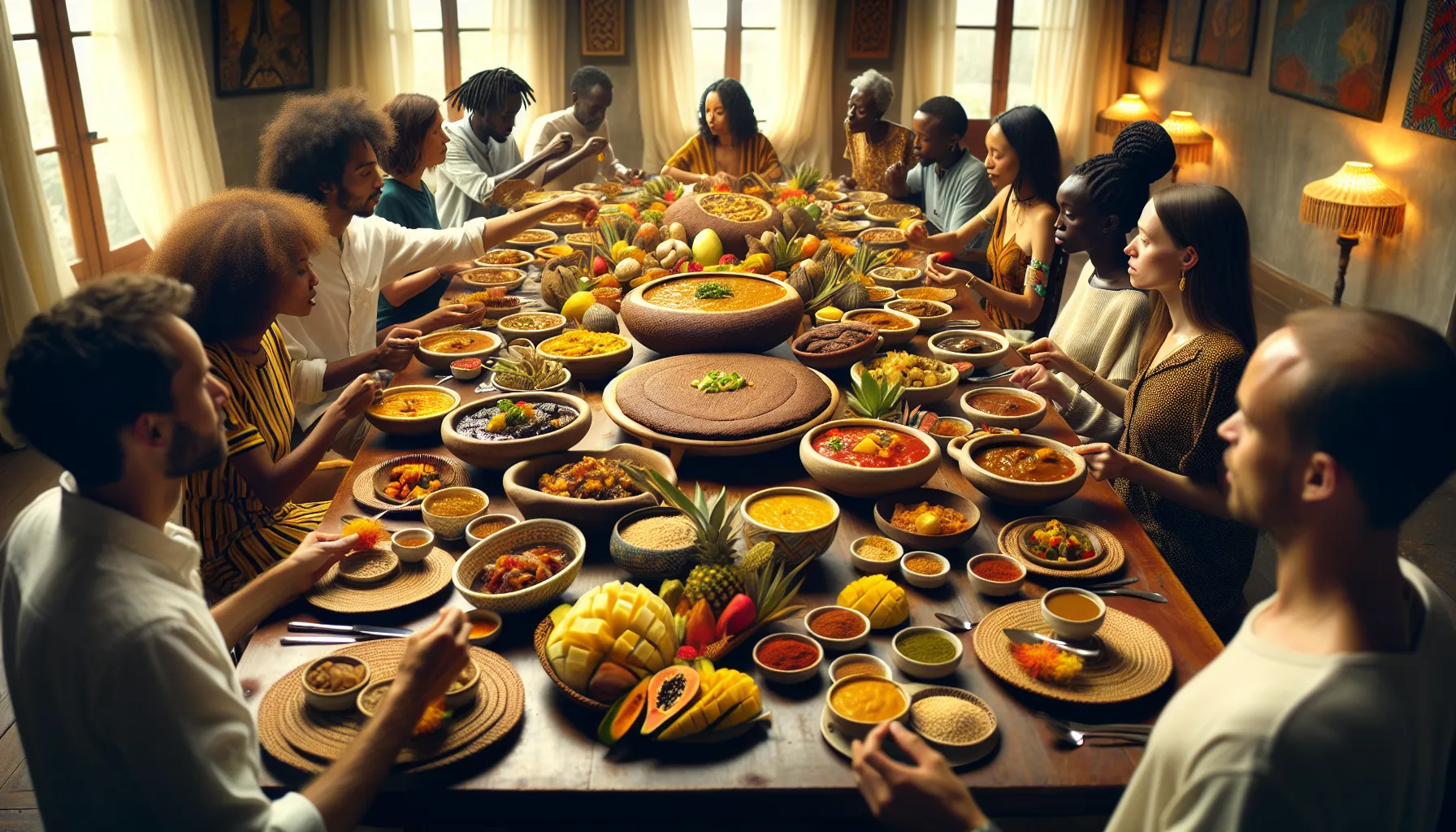 A diverse group sharing traditional African dishes at a dinner table.