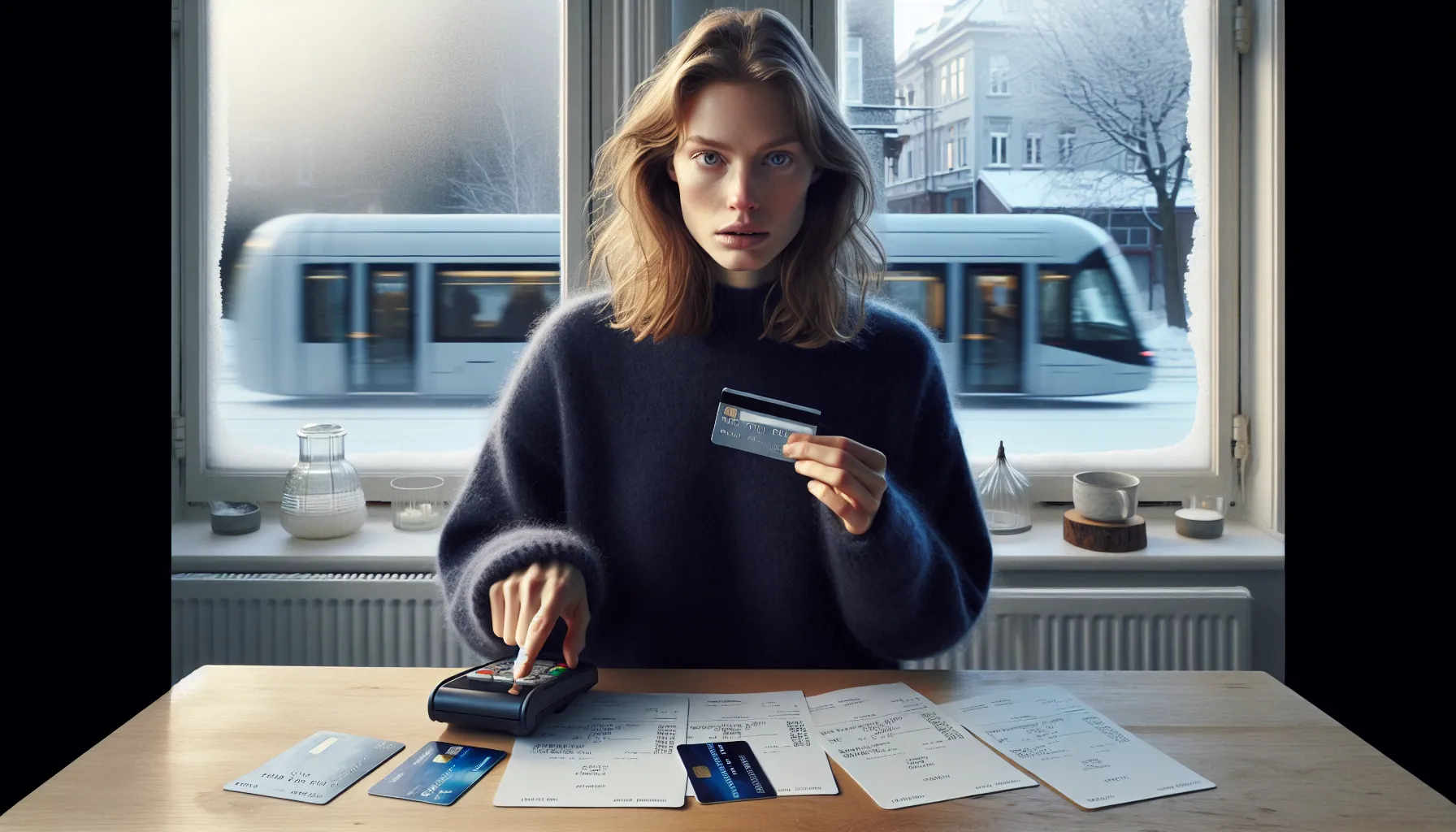 Hvordan sammenligne kredittkort basert på skjulte gebyrer 3 Norwegian woman compares credit card fees with pos currency choice on table.