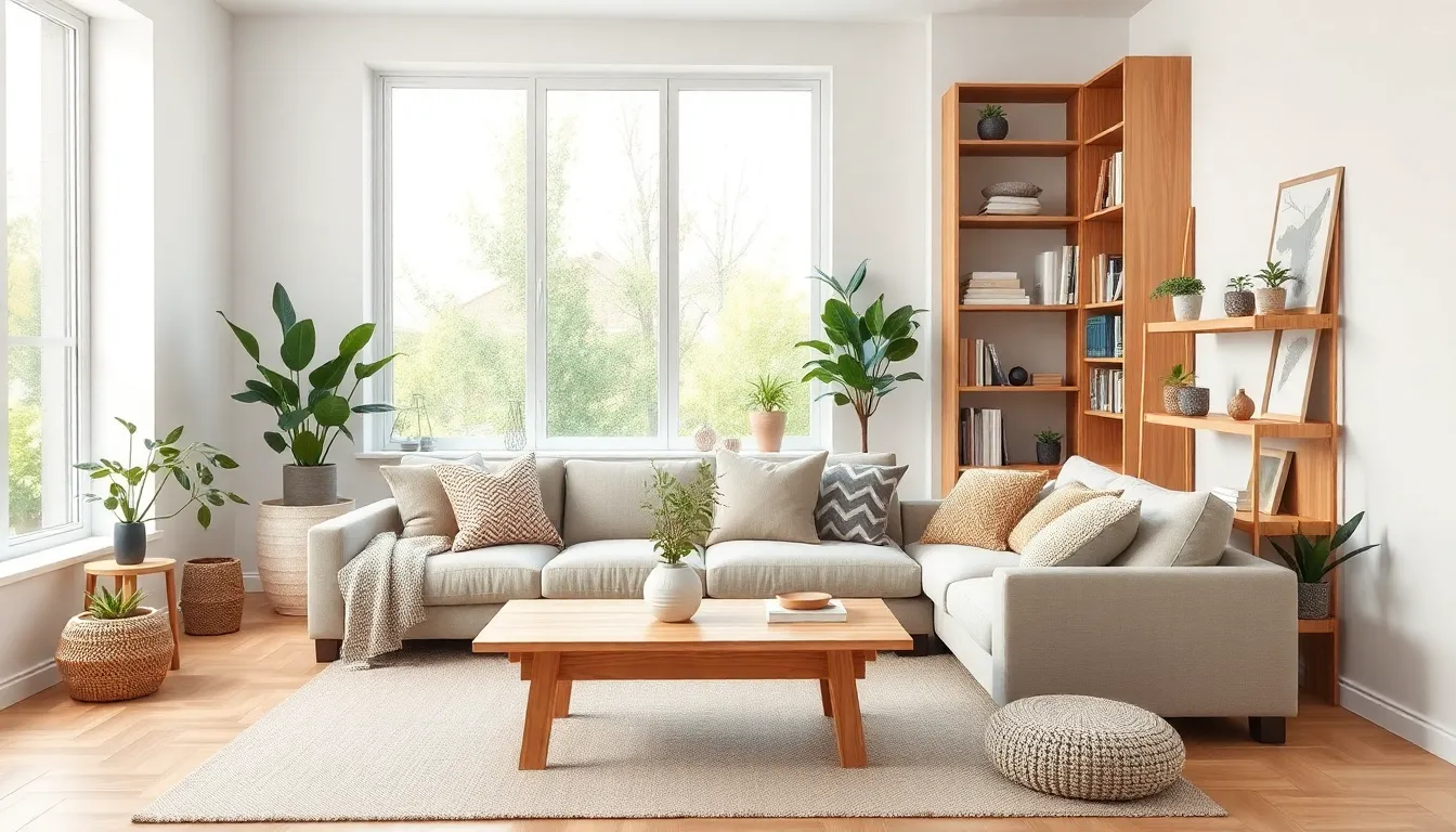 minimalist Scandinavian-style living room with natural light and wood accents.