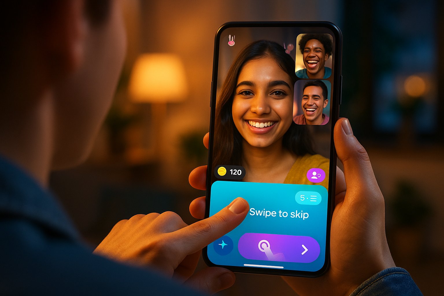 young adult using phone with LivU-style video chat UI and coin icons
