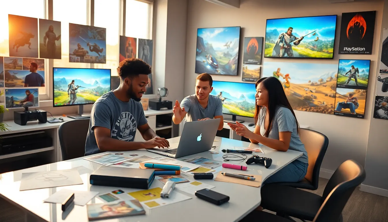 a diverse team of game developers collaborating in a vibrant studio.